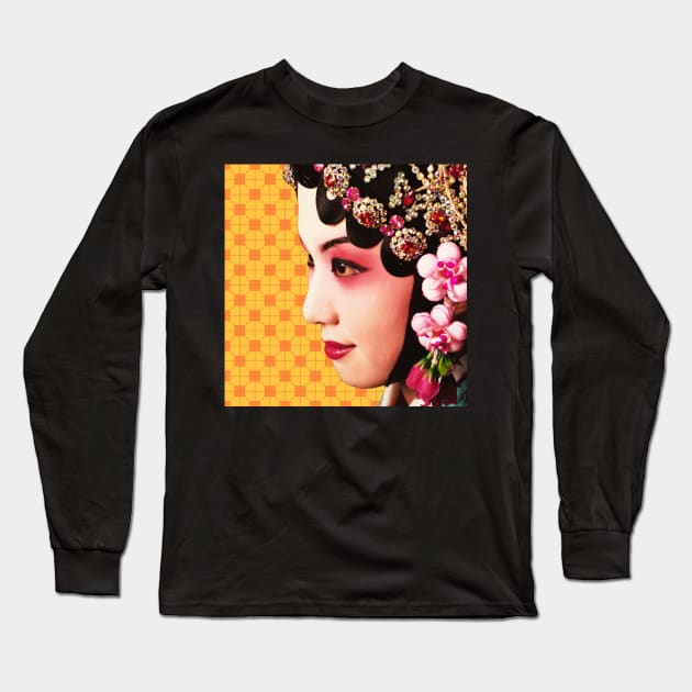 Chinese Opera Star with Sunshine Yellow Tile Floor Pattern- Hong Kong Retro Long Sleeve T-Shirt by CRAFTY BITCH